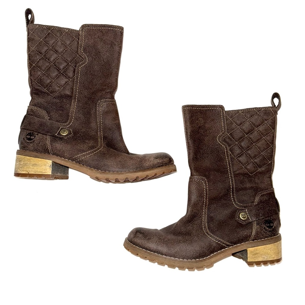 Brown distressed mid calf Timberland boots with quilted details